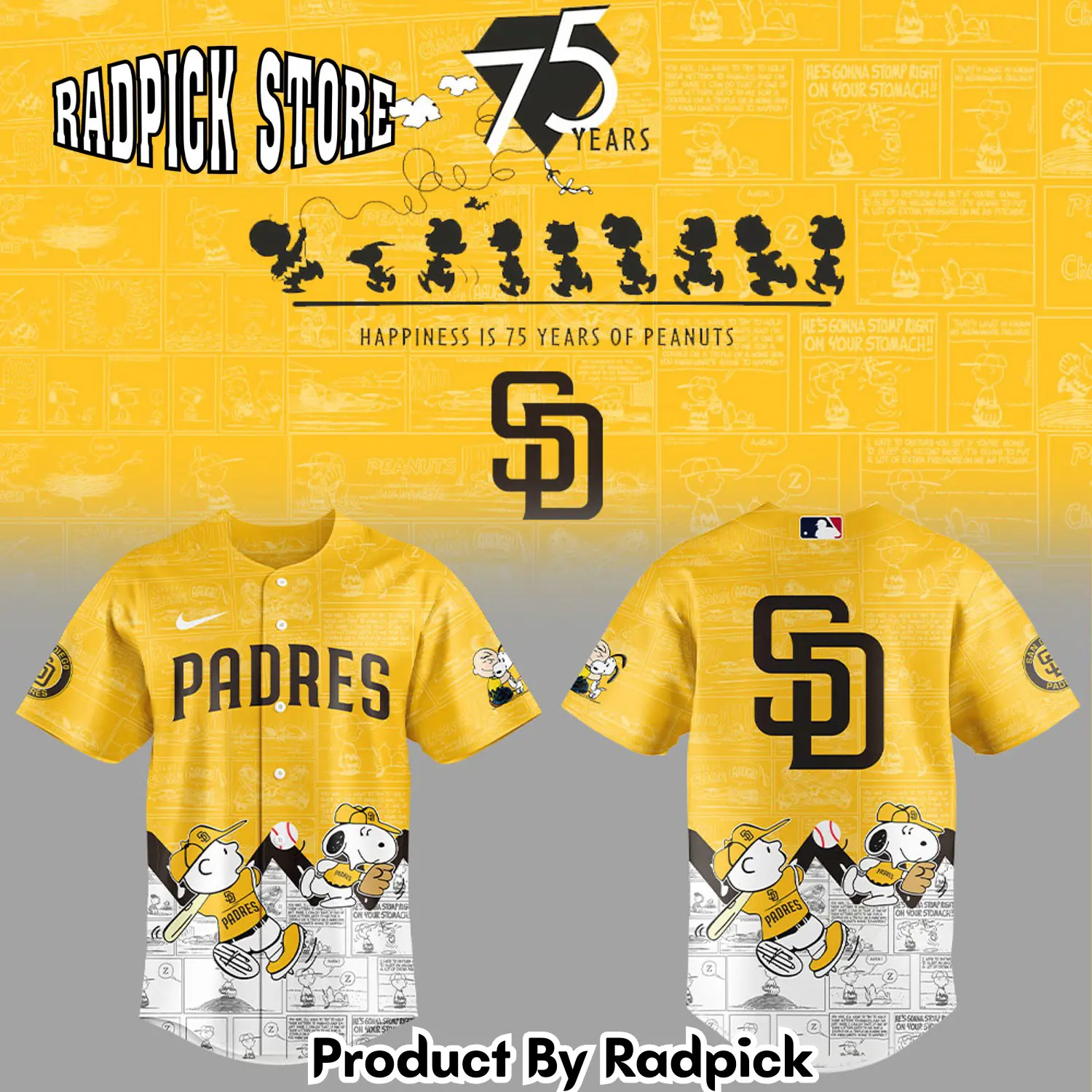 Radpick san diego padres 75th anniversary of peanuts yellow baseball jersey v2 rp127178
